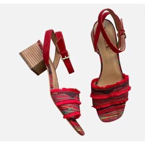 NIC+ZOE Zaria Fringed Canvas Heeled Sandals Size 8.5M Red Black Multicolor